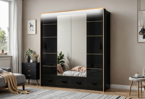 Szafa przesuwna Sevilla czarna 203 cm z lustrem i oświetleniem LED Szafa przesuwna Sevilla czarna 203 cm z lustrem i oświetleniem LED